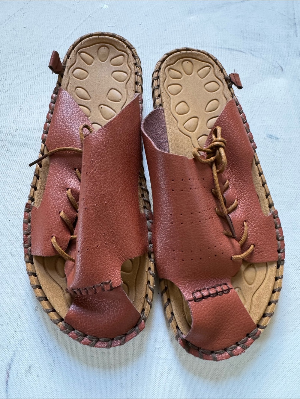 Brown Leather Lace-Up Slide Sandals